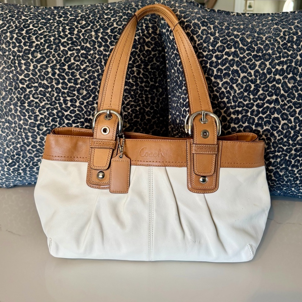 Coach White Leather Satchel with Tan Trim and Handles